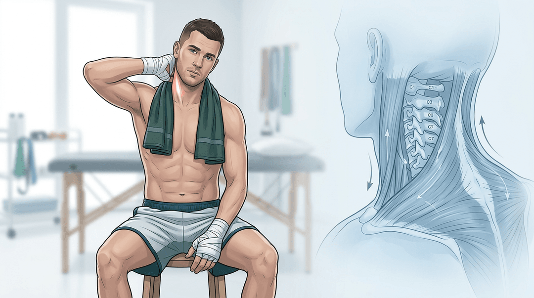 Illustrazione editoriale di un boxeur con focus biomeccanico sul tratto cervicale