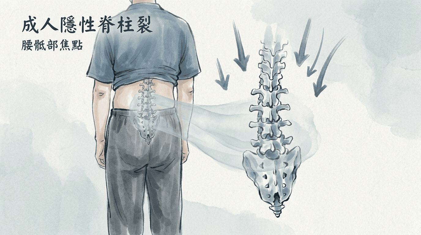 Illustrazione editoriale: spina bifida occulta, lombalgia e giunzione lombosacrale