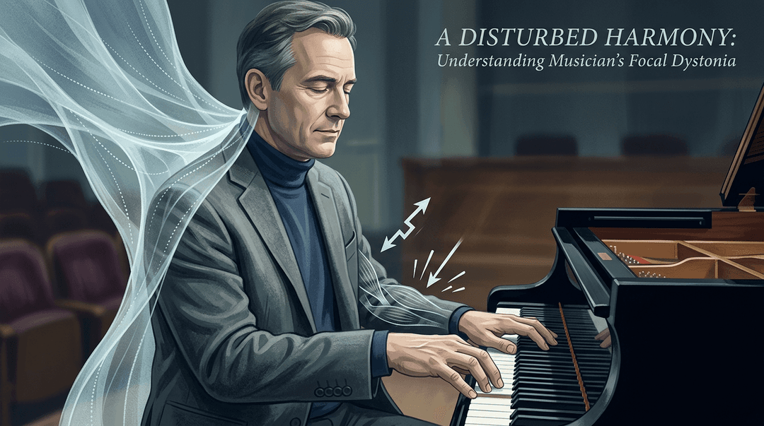 Illustrazione editoriale: distonia focale del musicista, mano e tratto cervicotoracico