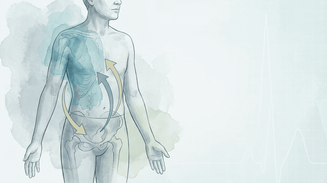 Illustrazione editoriale: emiparesi destra post-ictus, spalla dolorosa e dissociazione tronco-bacino