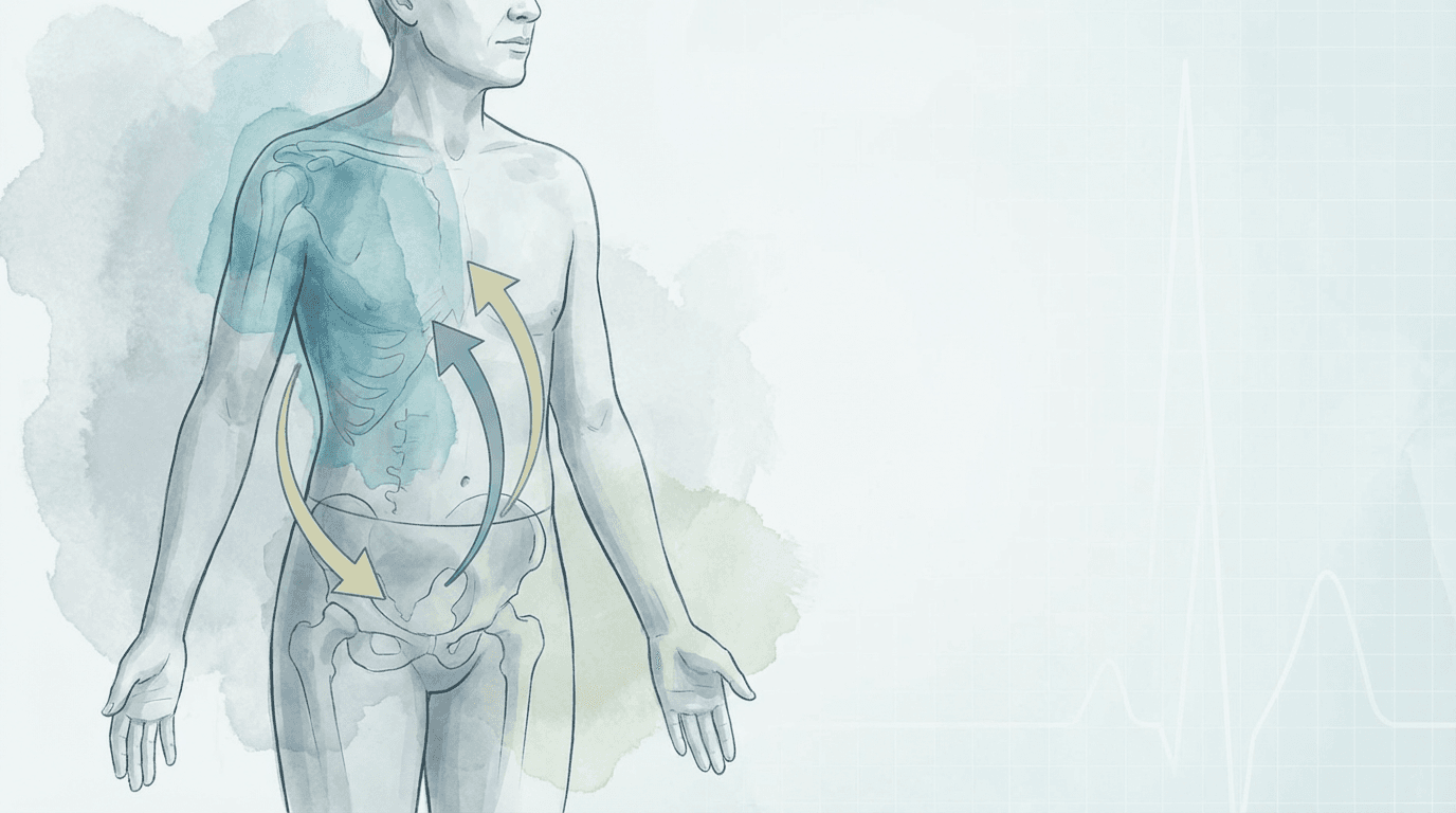 Illustrazione editoriale: emiparesi destra post-ictus, spalla dolorosa e dissociazione tronco-bacino