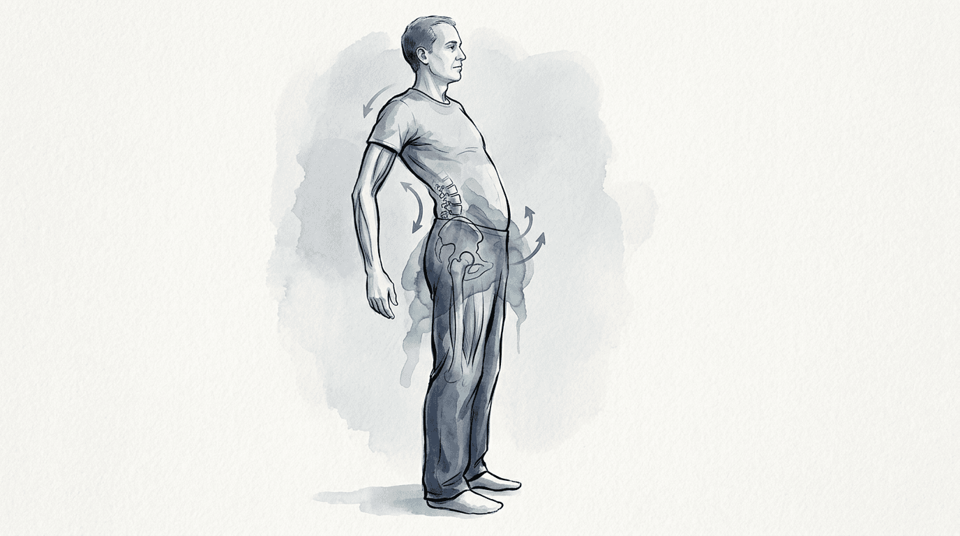 Illustrazione editoriale: distrofia muscolare di Becker, cingolo pelvico e compensi posturali