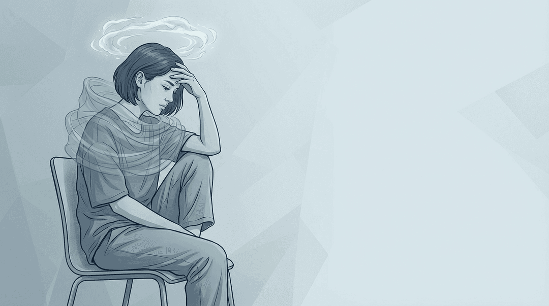 Illustrazione editoriale: trauma cranico lieve post-commozione, cefalea e tensione cervicale