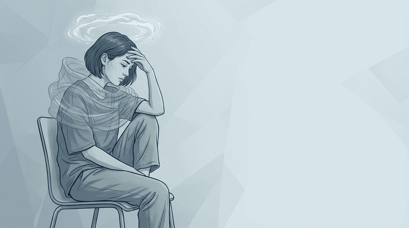 Illustrazione editoriale: trauma cranico lieve post-commozione, cefalea e tensione cervicale