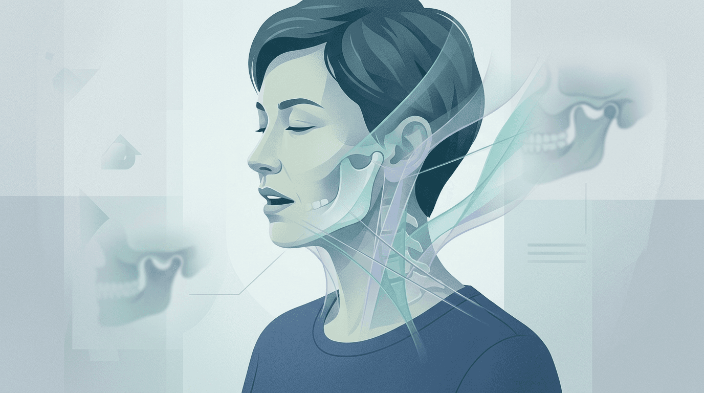 Illustrazione editoriale: anchilosi temporo-mandibolare e cervicalgia cronica
