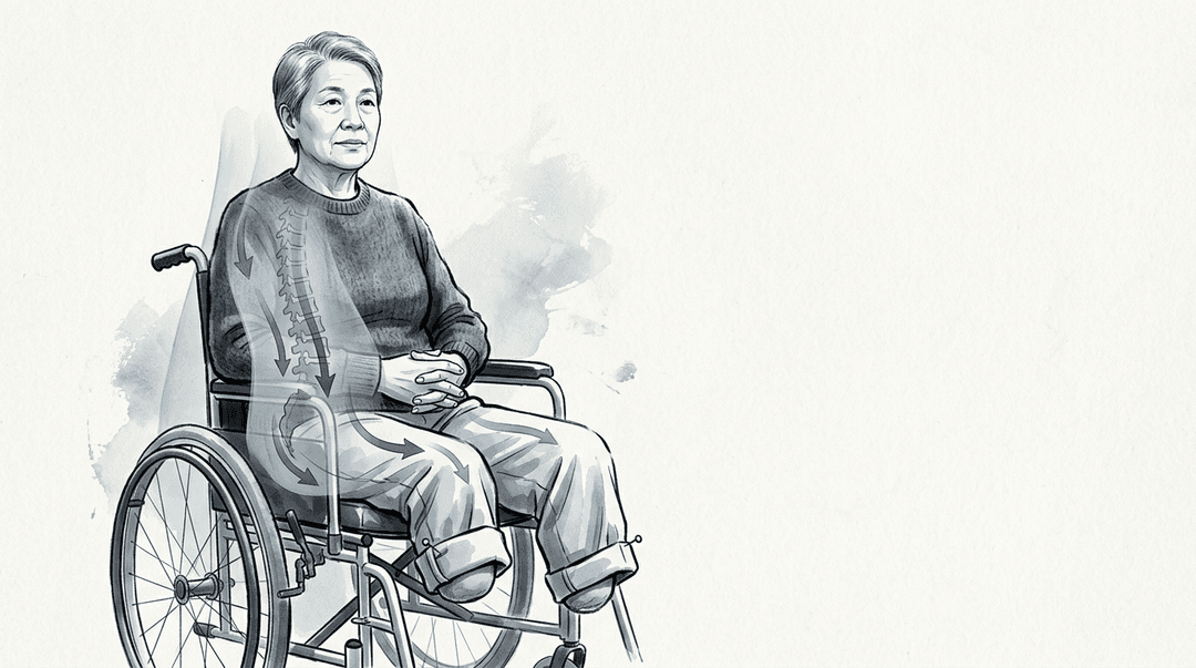 Illustrazione editoriale: amputazione bilaterale degli arti inferiori e dorsolombalgia da seduta