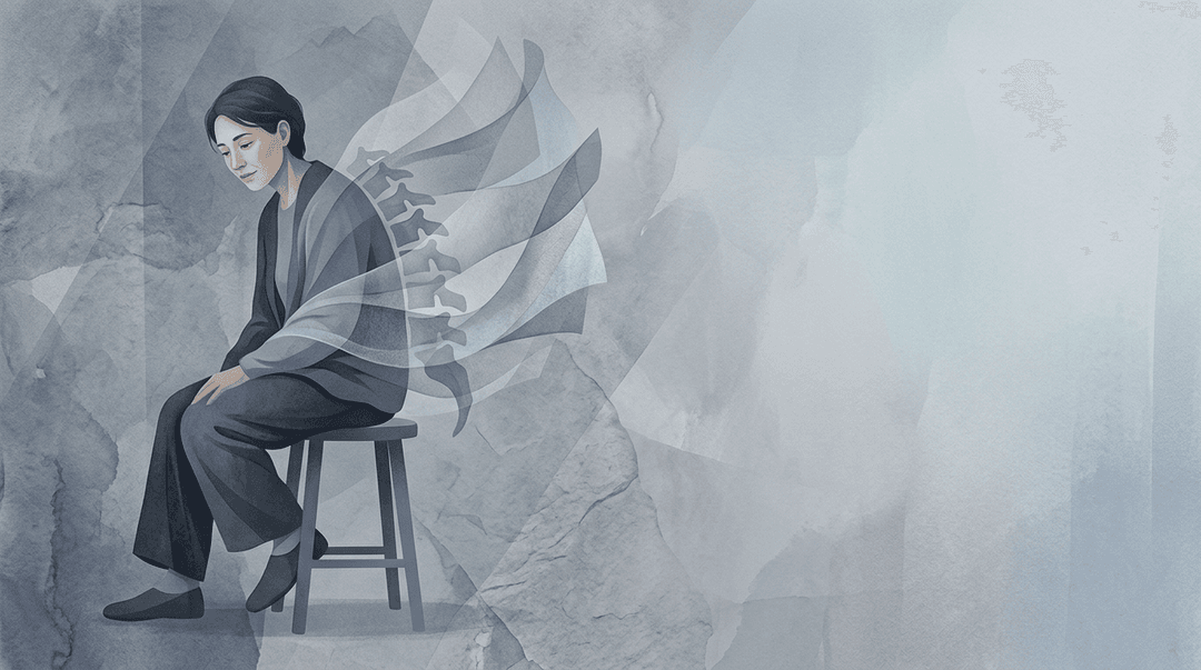 Illustrazione editoriale: spondilite anchilosante avanzata e dorsalgia da rigidità globale