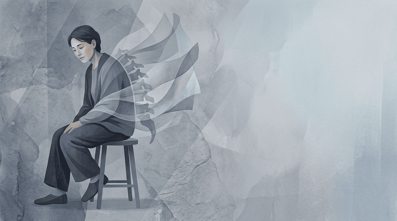 Illustrazione editoriale: spondilite anchilosante avanzata e dorsalgia da rigidità globale