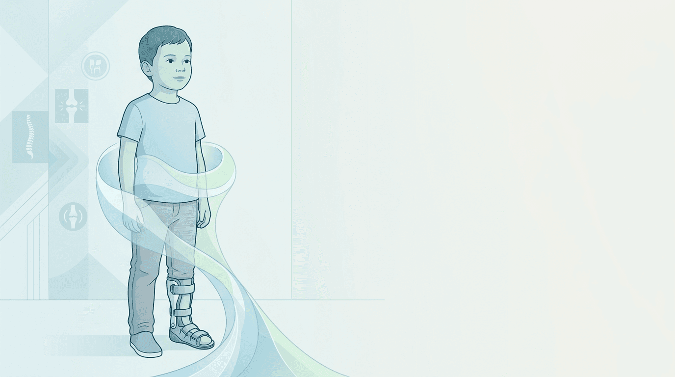 Illustrazione editoriale: piede torto congenito operato e lombalgia da compenso ascendente