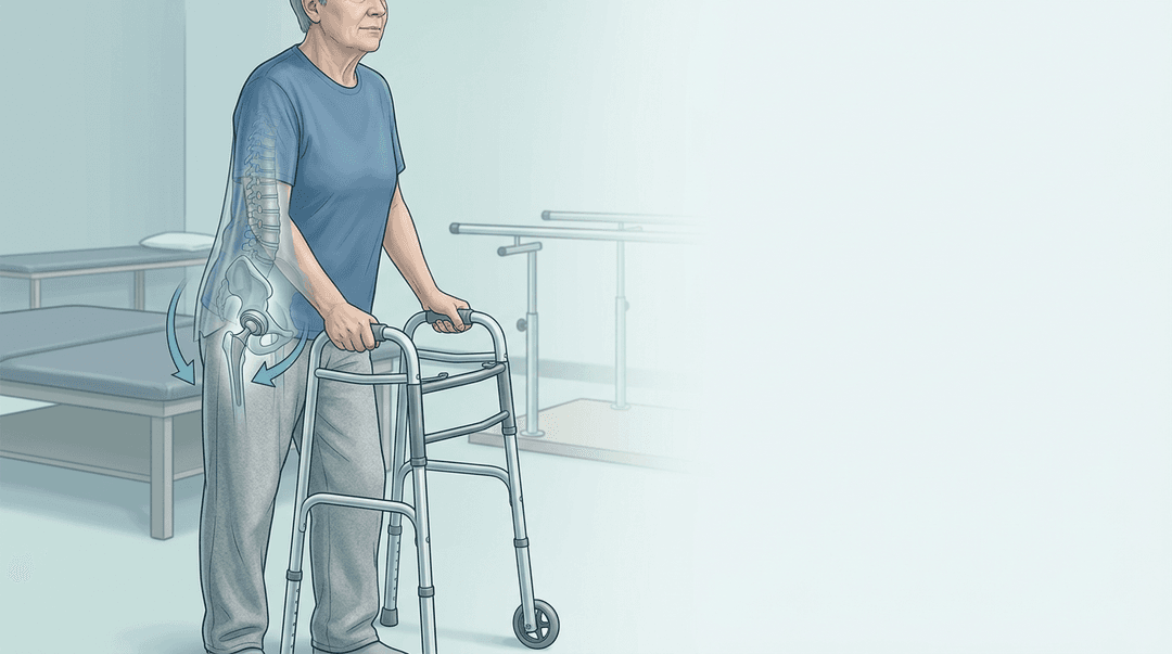 Illustrazione editoriale: protesi totale d'anca bilaterale e rigidità toraco-lombare