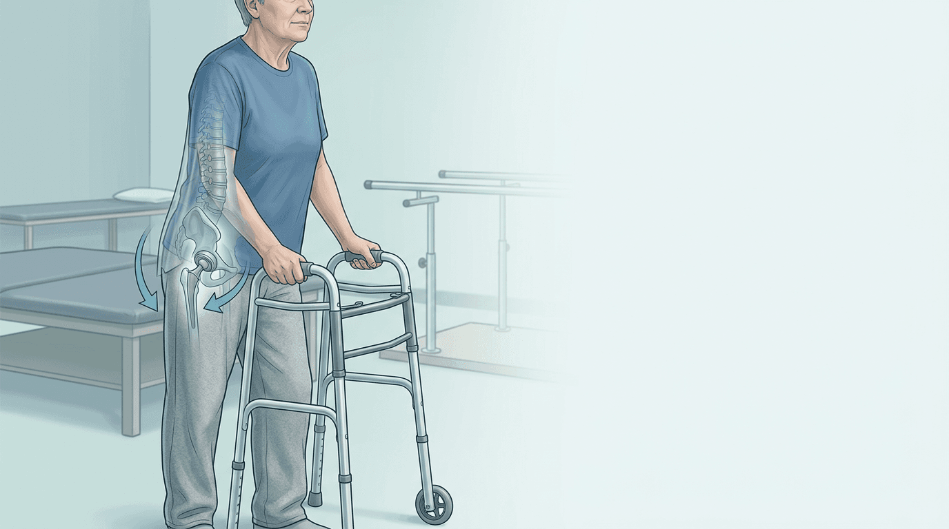 Illustrazione editoriale: protesi totale d'anca bilaterale e rigidità toraco-lombare