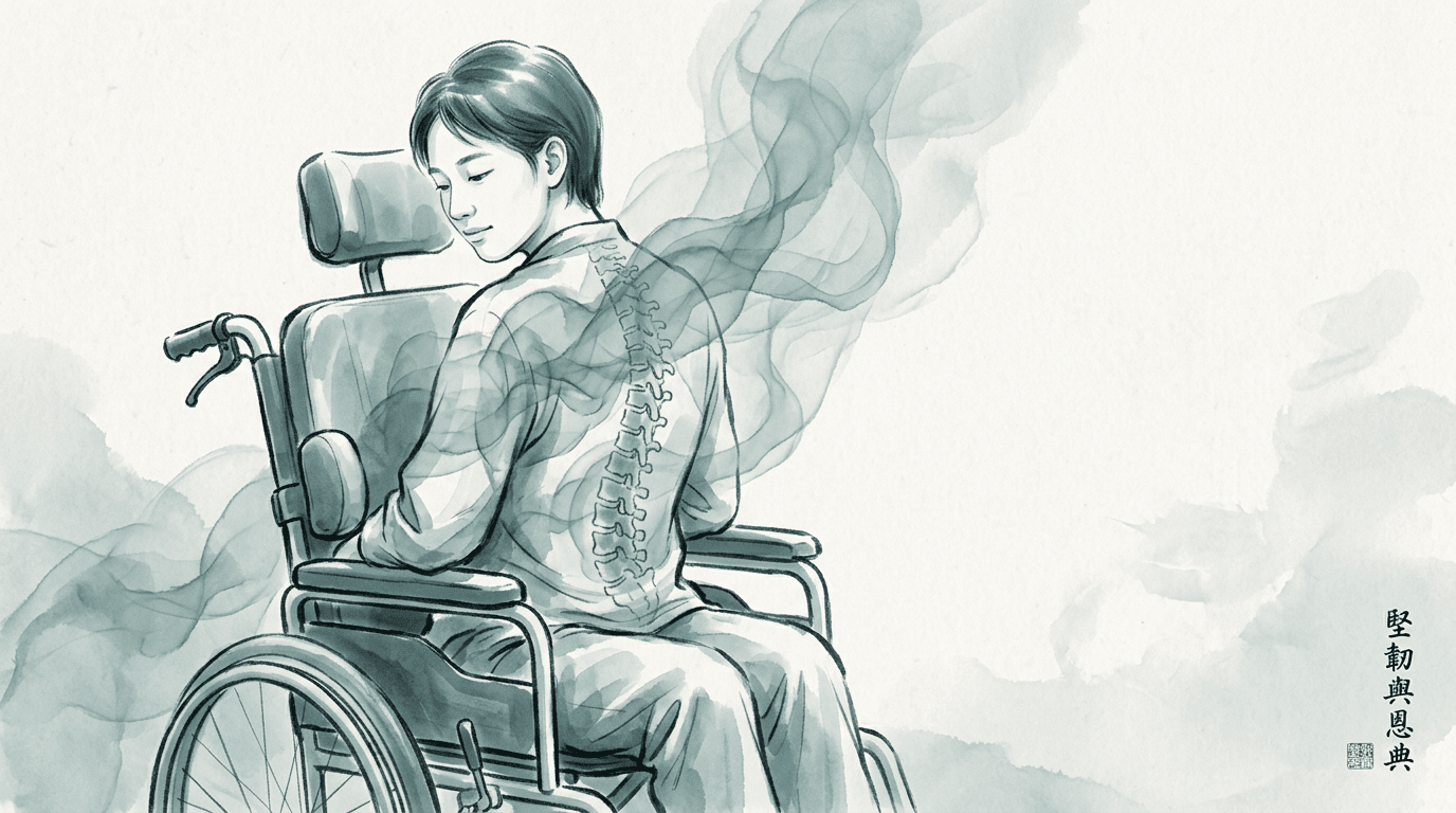 Illustrazione editoriale: tetraparesi spastica, scoliosi e dolore multilivello