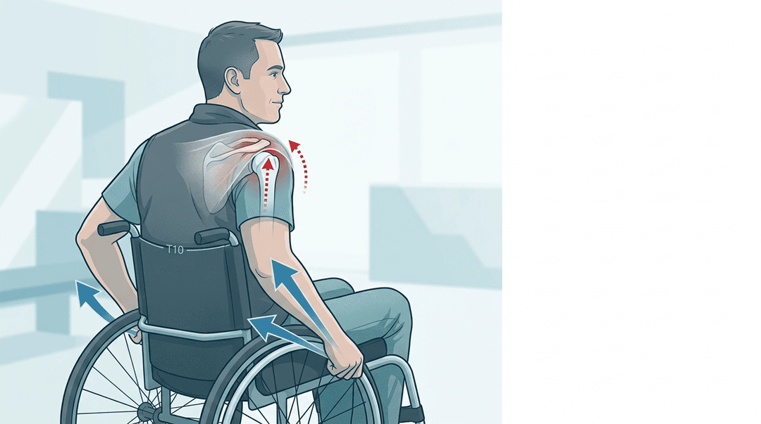 Illustrazione editoriale: conflitto subacromiale in carrozzina con paraplegia T10