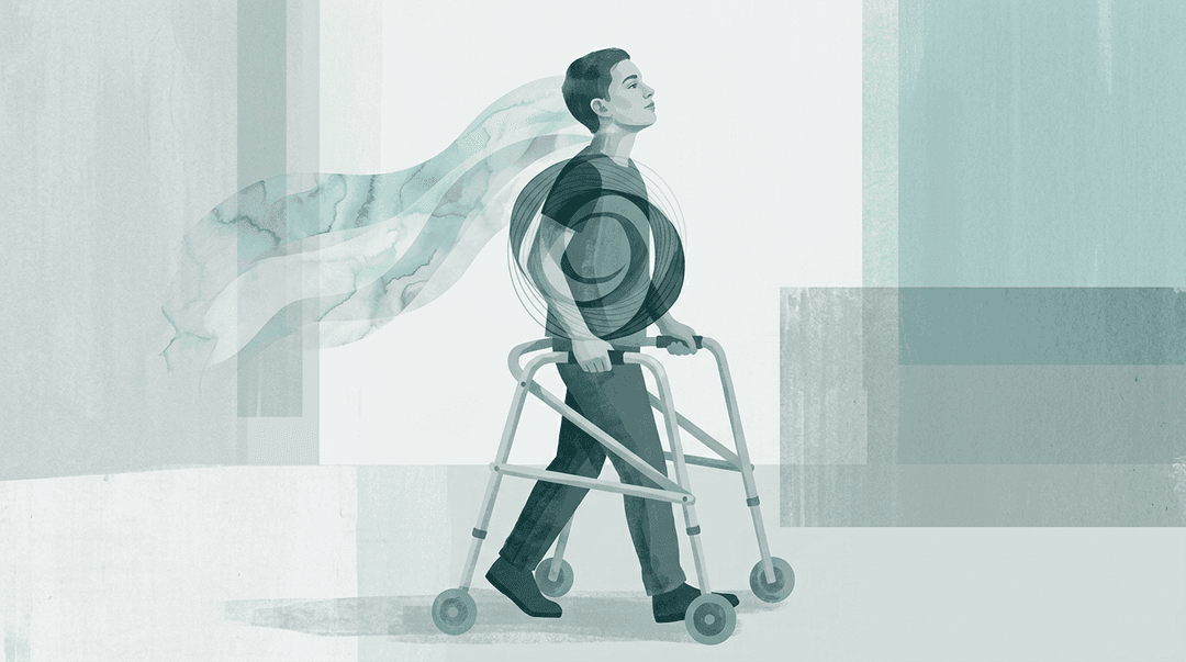 Illustrazione editoriale: paralisi cerebrale con deambulazione autonoma e cervicalgia