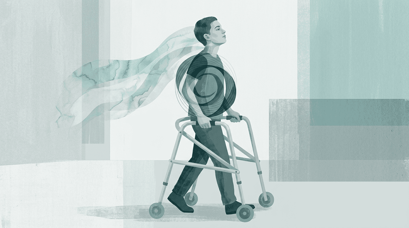 Illustrazione editoriale: paralisi cerebrale con deambulazione autonoma e cervicalgia
