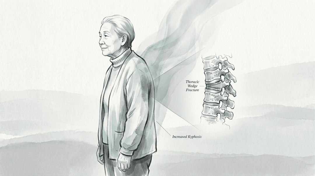 Illustrazione editoriale: frattura vertebrale osteoporotica, cifosi e dolore dorsolombare