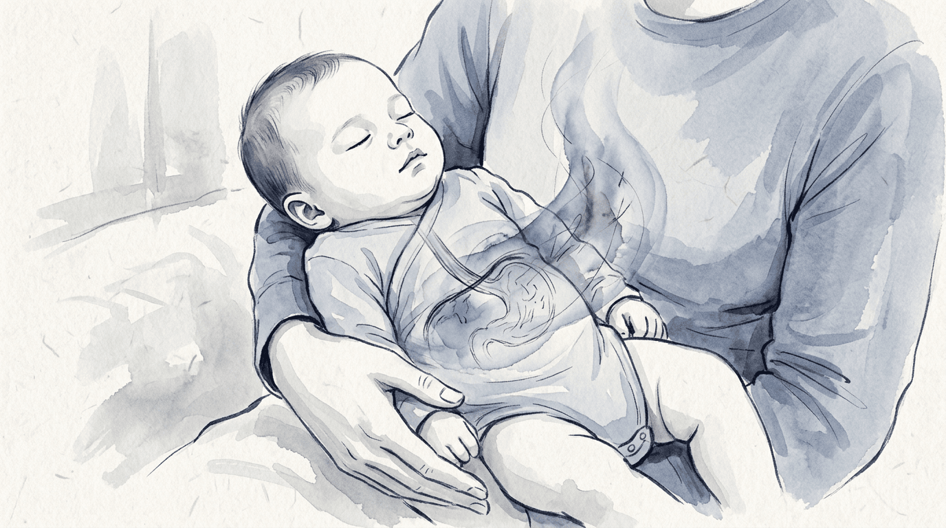 Illustrazione editoriale: reflusso gastroesofageo nel lattante, diaframma e irritabilità viscerale