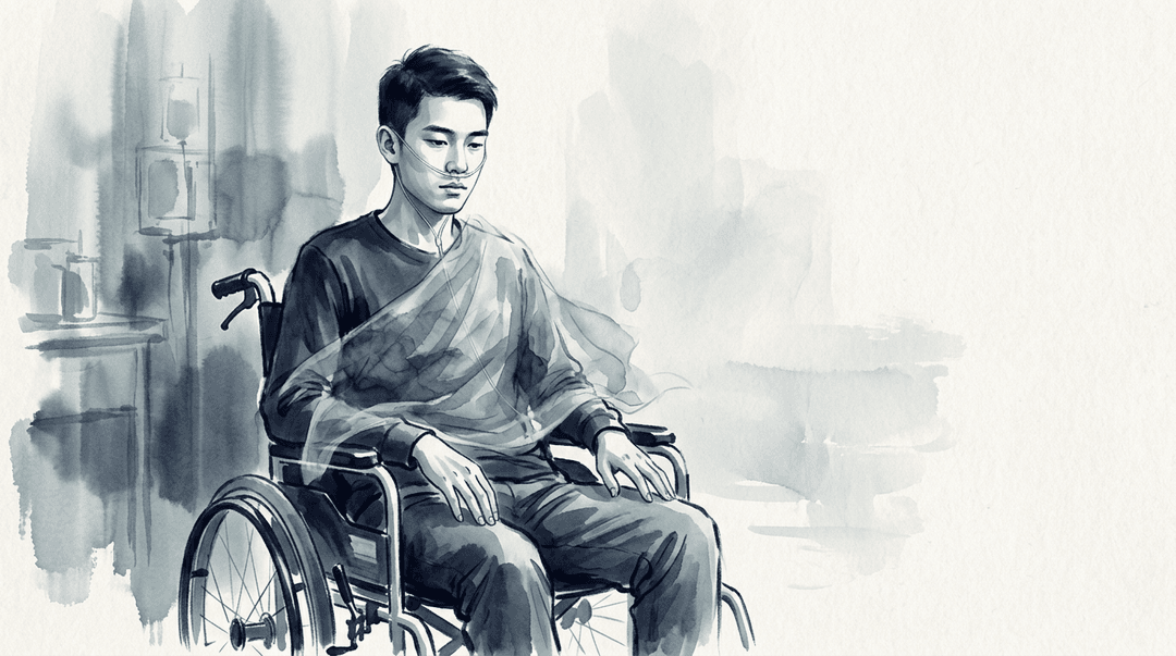 Illustrazione editoriale: distrofia di Duchenne nel giovane adulto, scoliosi e insufficienza respiratoria