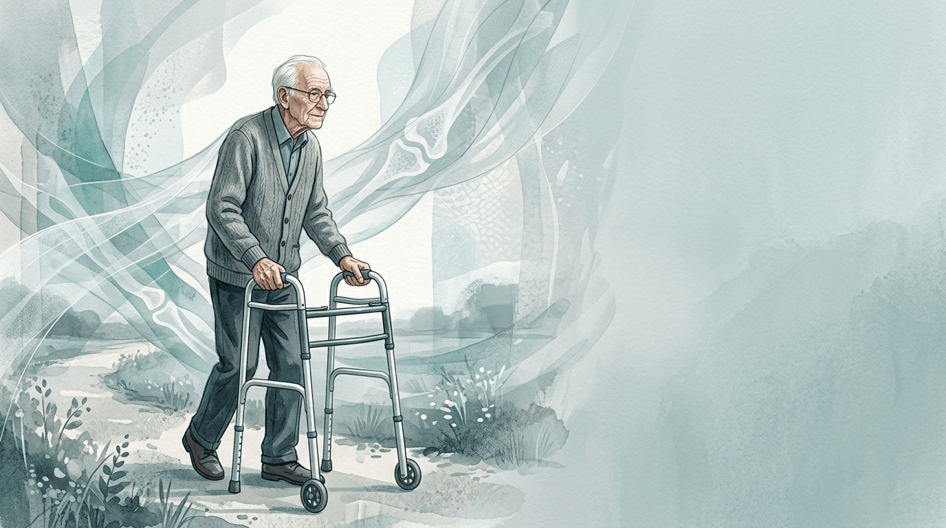 Illustrazione editoriale: paziente geriatrico fragile, sarcopenia, osteoporosi e instabilità posturale