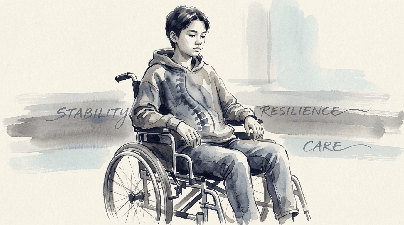 Illustrazione editoriale: scoliosi neuromuscolare grave e compromissione respiratoria in carrozzina