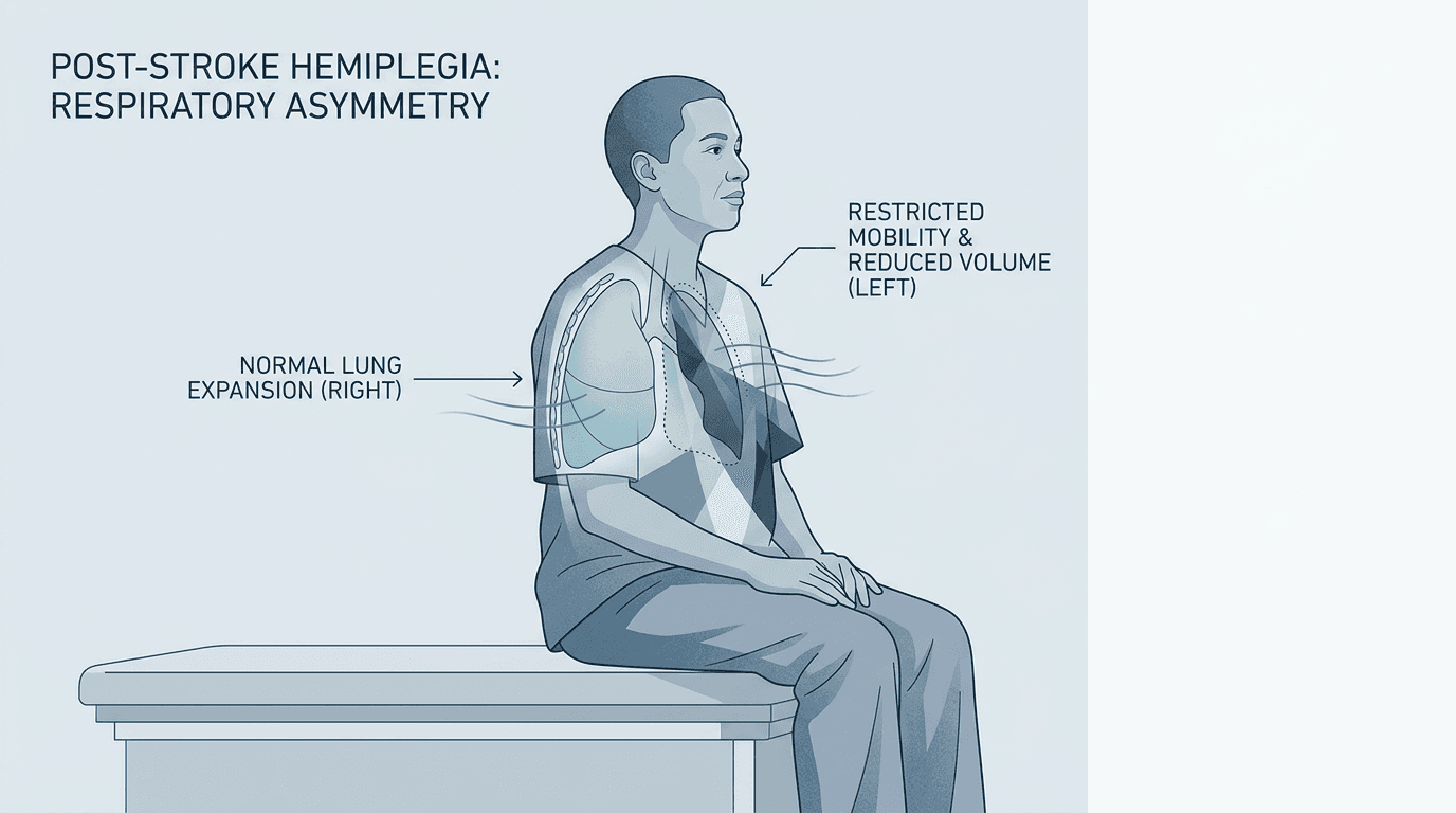 Illustrazione editoriale: esiti di ictus con emiplegia e disfunzione respiratoria unilaterale