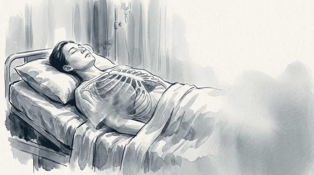 Illustrazione editoriale: paziente allettato cronico, atelettasia basale e rigidità costale