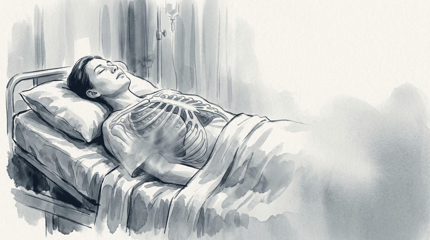 Illustrazione editoriale: paziente allettato cronico, atelettasia basale e rigidità costale