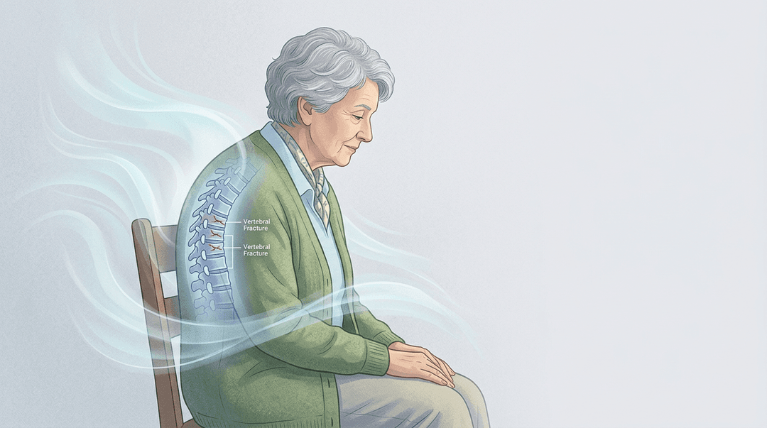 Illustrazione editoriale: cifosi dolorosa e fratture vertebrali in anziano con osteoporosi