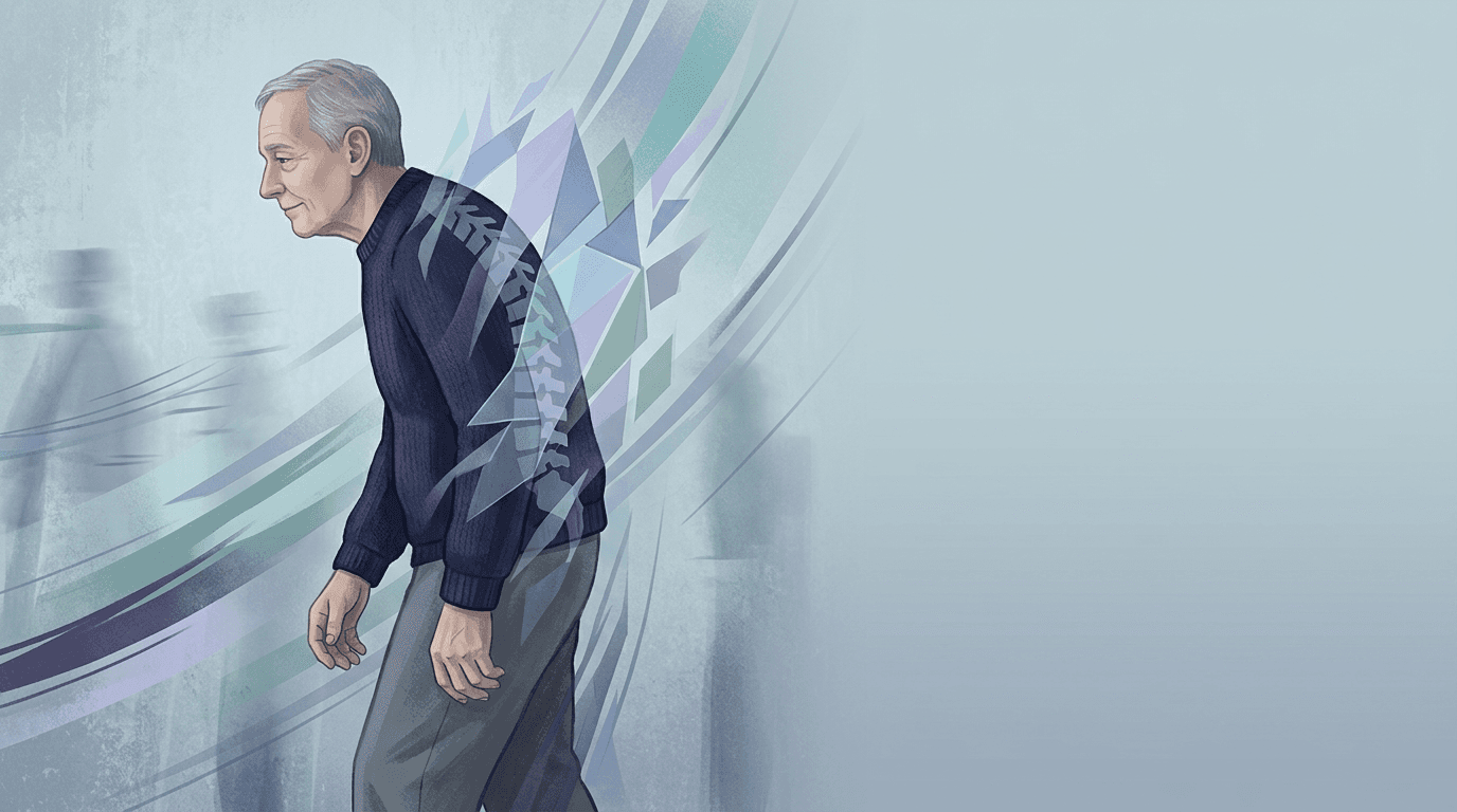 Illustrazione editoriale: rigidità assiale e instabilità posturale in malattia di Parkinson