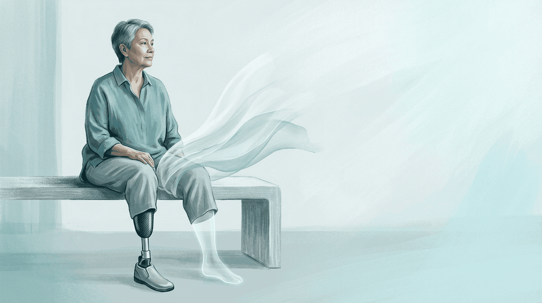 Illustrazione editoriale: dolore al moncone e compensi pelvici dopo amputazione transtibiale