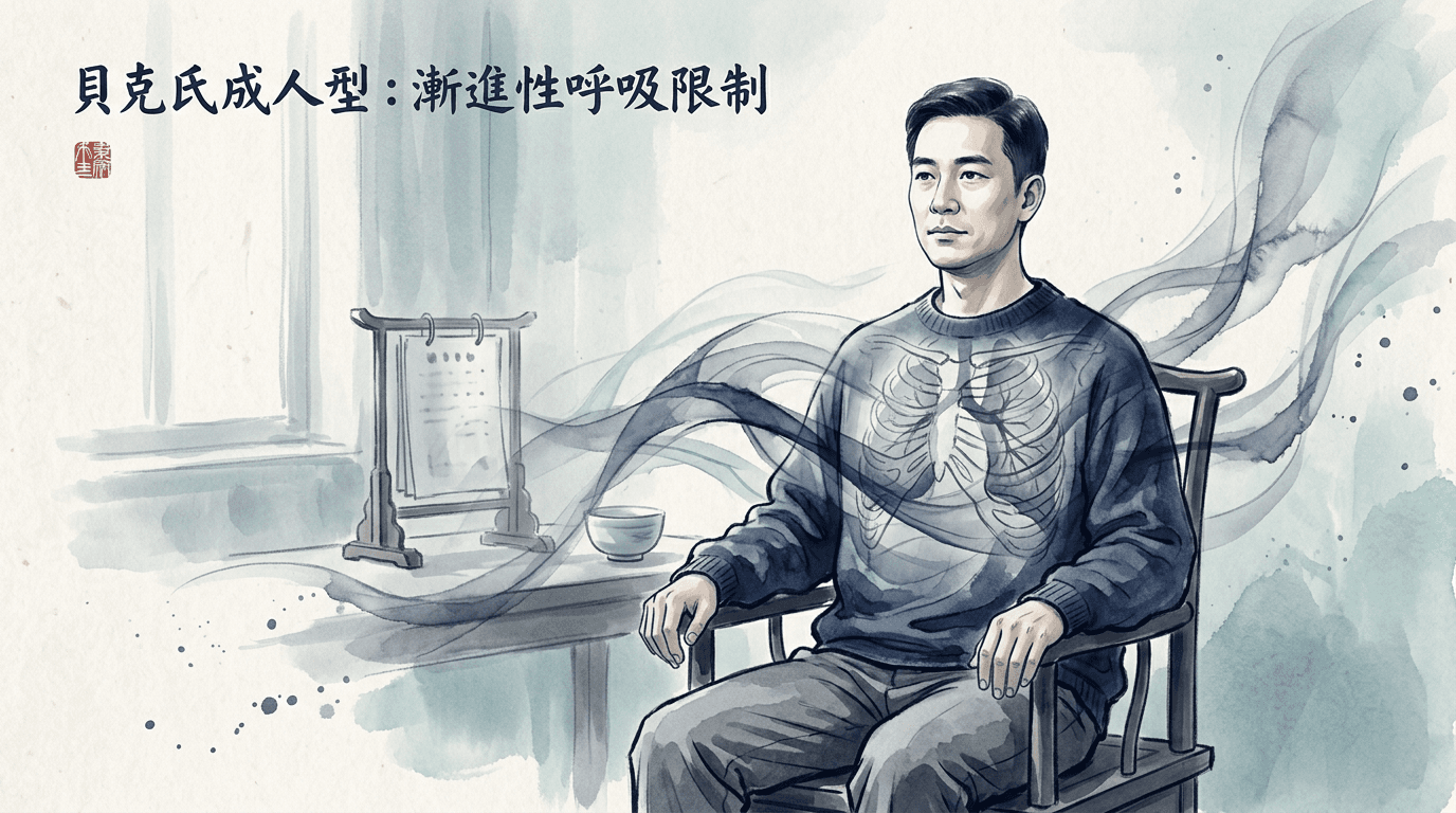 Illustrazione editoriale: restrizione costale e insufficienza respiratoria in distrofia di Becker