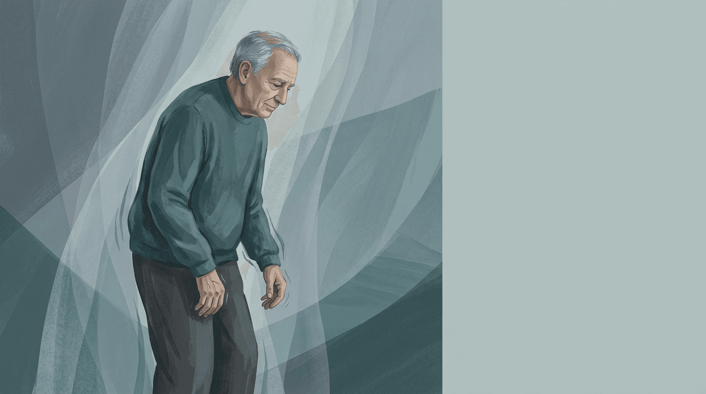 Illustrazione editoriale: rigidità assiale e instabilità posturale in Parkinson avanzata