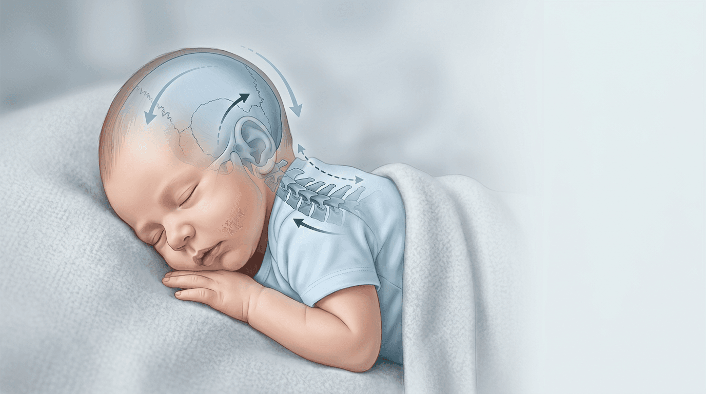 Illustrazione editoriale delicata per valutazione osteopatica neonatale e adattamento post-parto