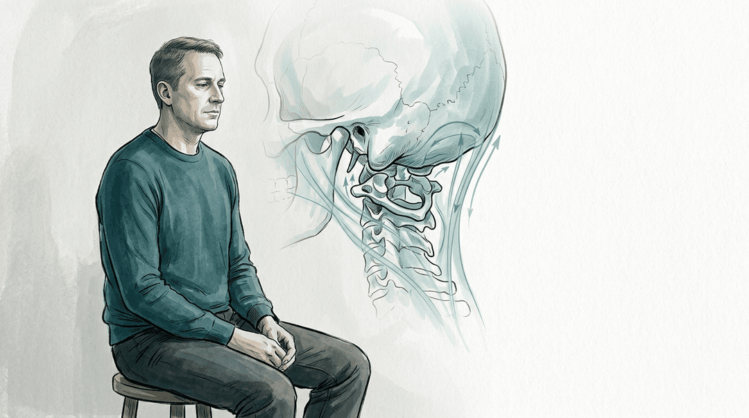 Illustrazione editoriale: cefalea post-traumatica persistente, restrizione occipito-condilare e membrane a tensione reciproca
