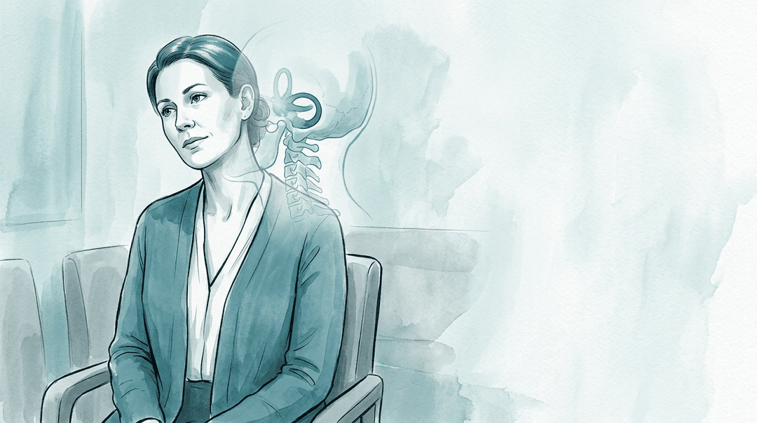 Illustrazione editoriale: VPPB gia inquadrata, rigidita cranio-cervicale residua e confini ORL/neurologici