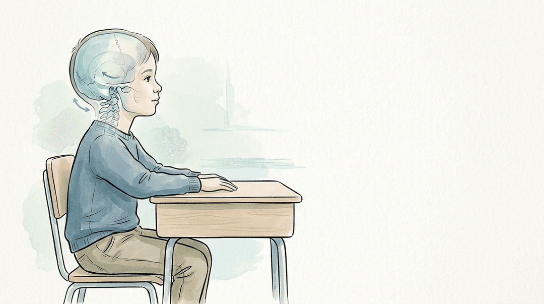 Illustrazione editoriale: difficolta di attenzione nel bambino e torsione sfeno-basilare percepita