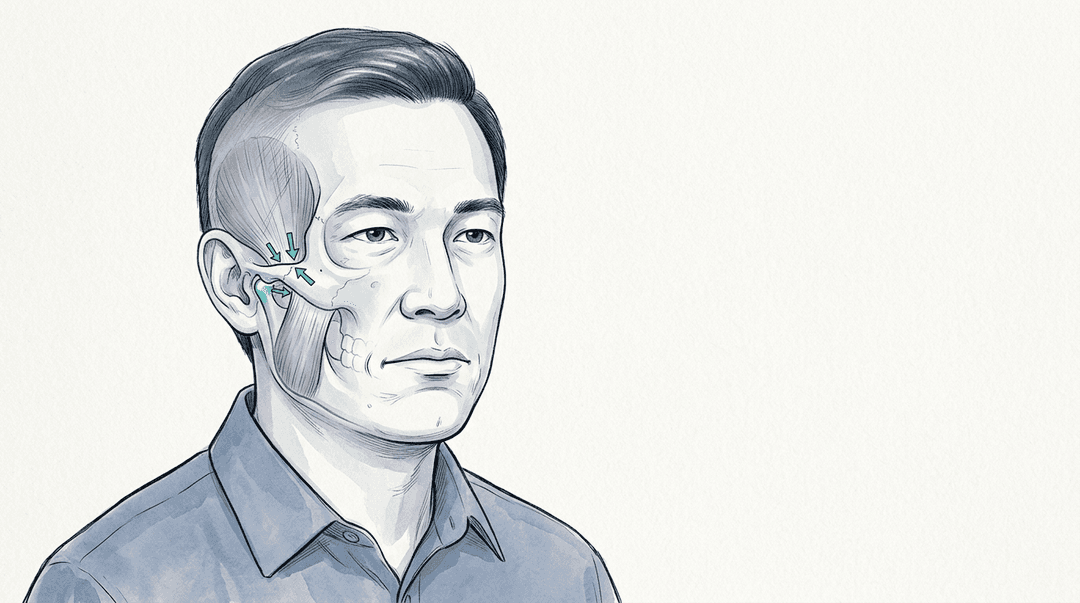 Illustrazione editoriale: bruxismo severo, disfunzione bilaterale dei temporali e tensione sfeno-squamosa