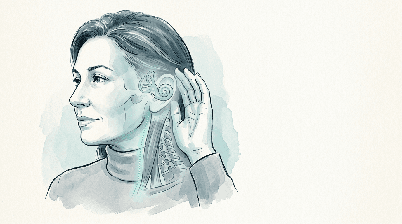 Illustrazione editoriale: ipoacusia percettiva lieve, regione petrosa del temporale e componente cervicale