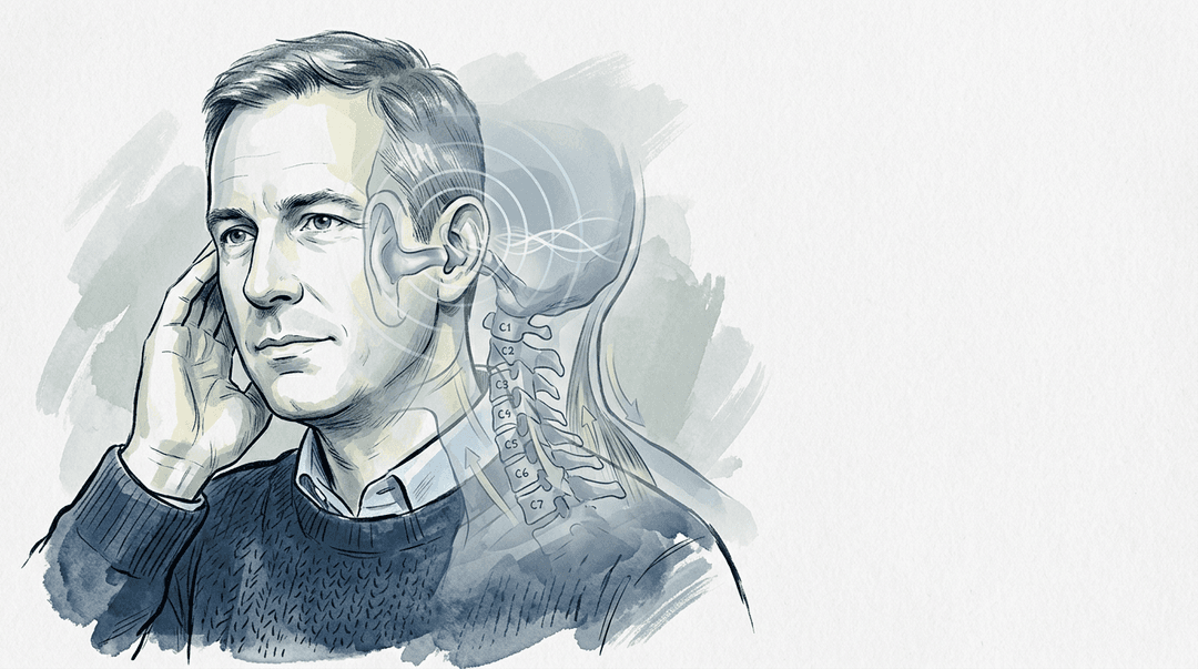 Illustrazione editoriale: acufene soggettivo, regione temporo-petrosa e componente cervicale