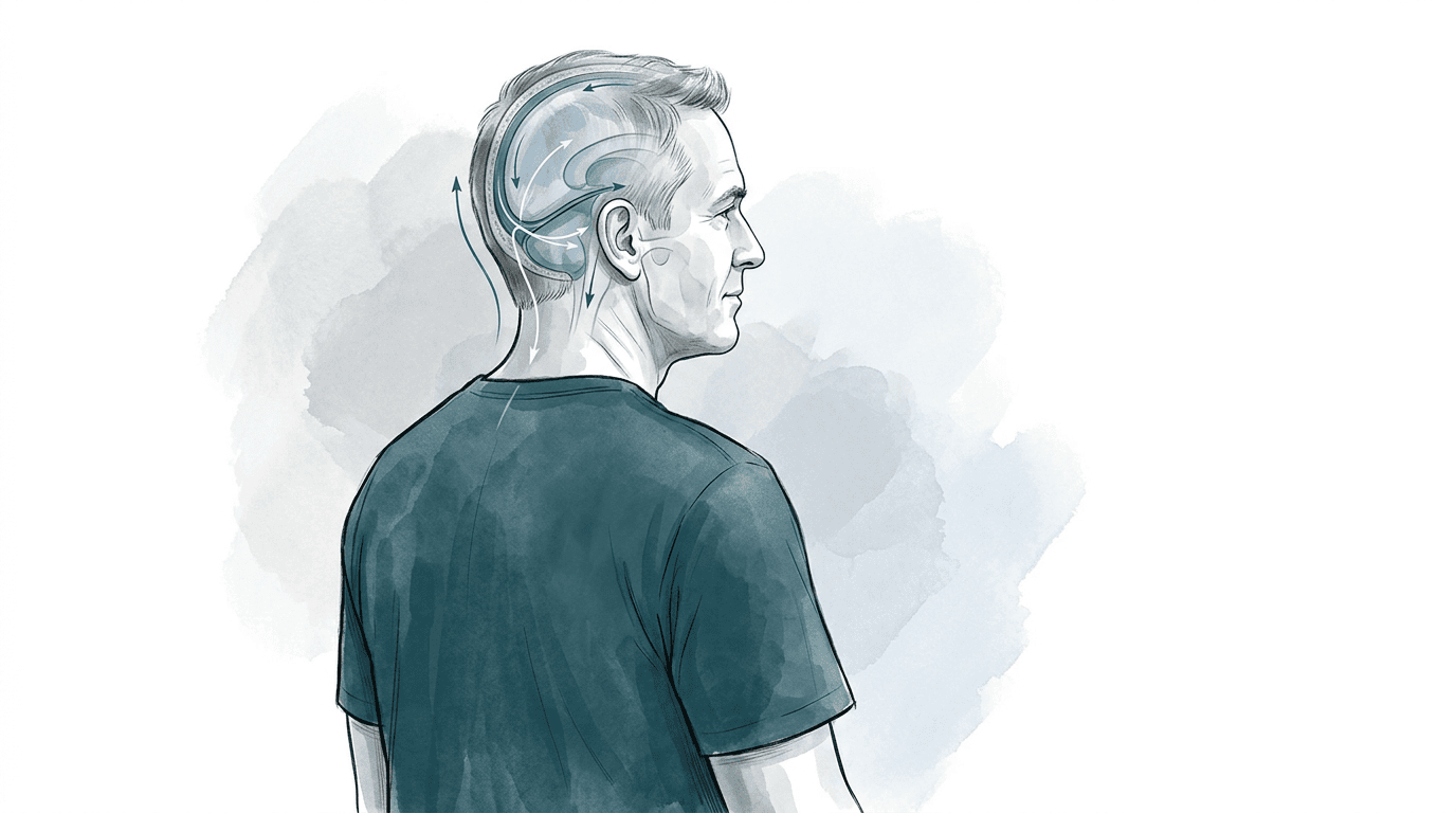 Illustrazione editoriale: emicrania cronica, disfunzione occipito-mastoidea e tensione del tentorio