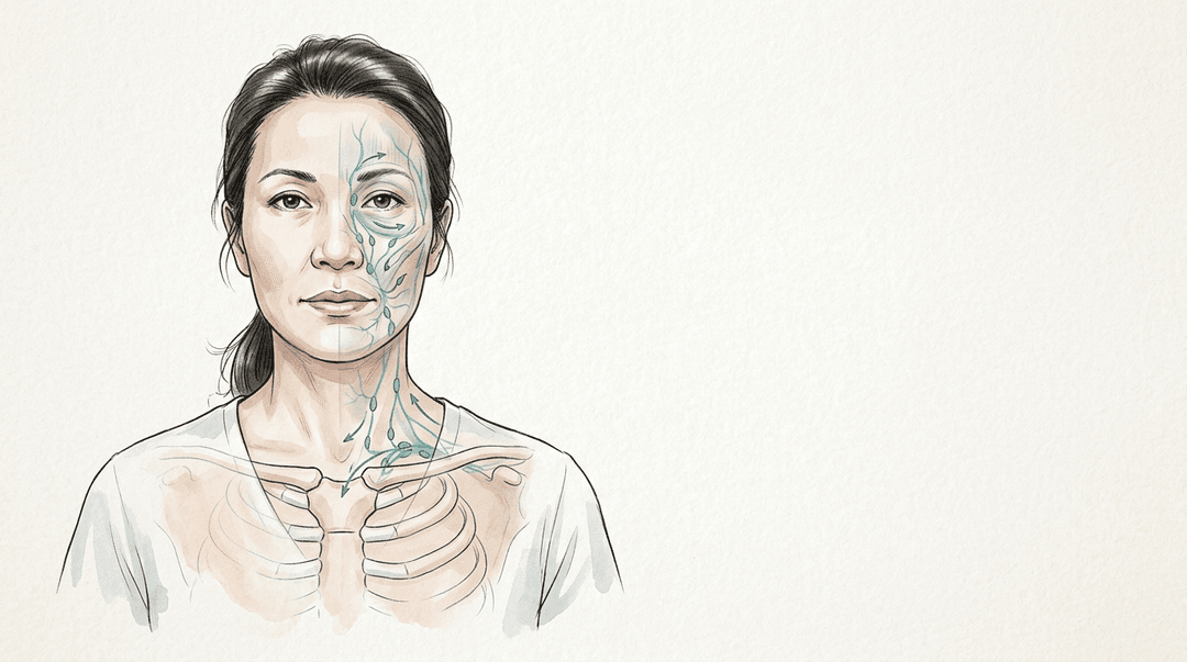 Illustrazione editoriale: congestione cranio-facciale, apertura toracica superiore e drenaggio linfatico