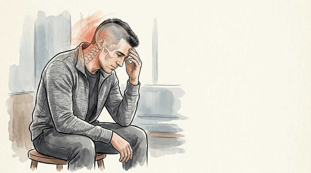 Illustrazione editoriale: sindrome post-commotiva, tensione membranosa residua e pattern cranio-cervicale