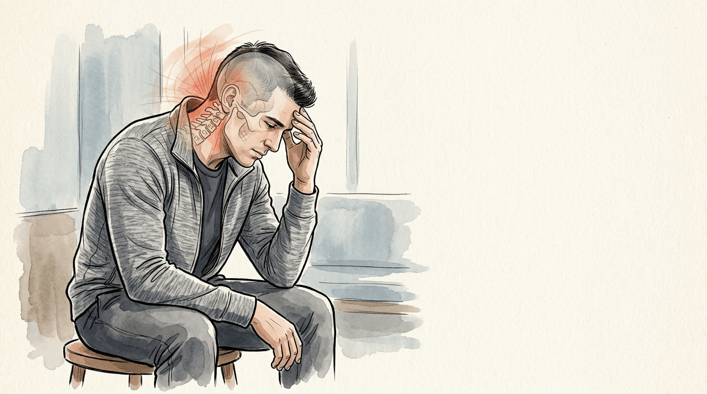 Illustrazione editoriale: sindrome post-commotiva, tensione membranosa residua e pattern cranio-cervicale