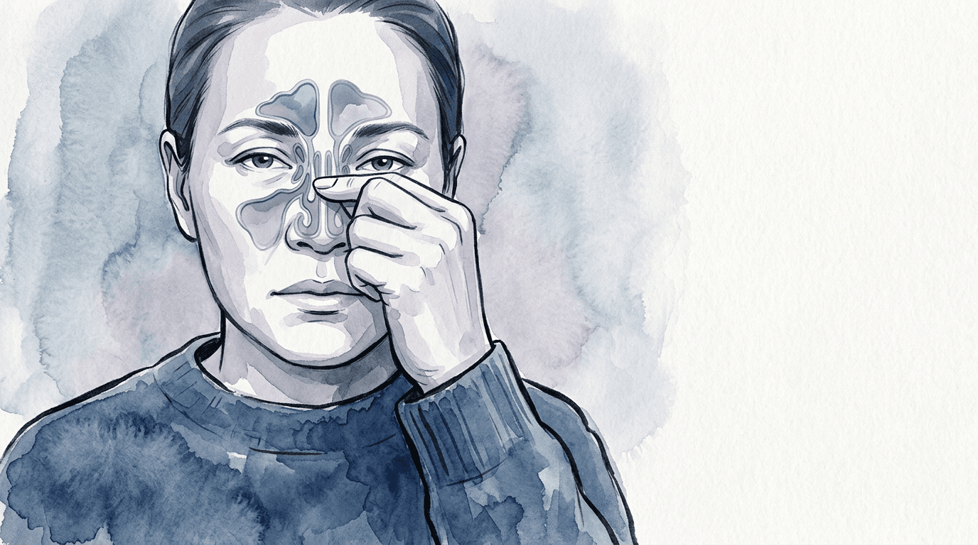 Illustrazione editoriale: cefalea frontale, congestione naso-sinusale funzionale e restrizione dell'etmoide