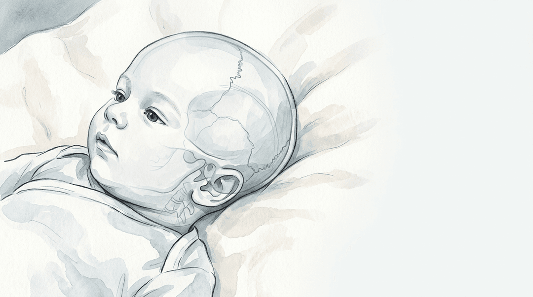 Illustrazione editoriale delicata: plagiocefalia posizionale nel lattante e asimmetria occipito-condilare