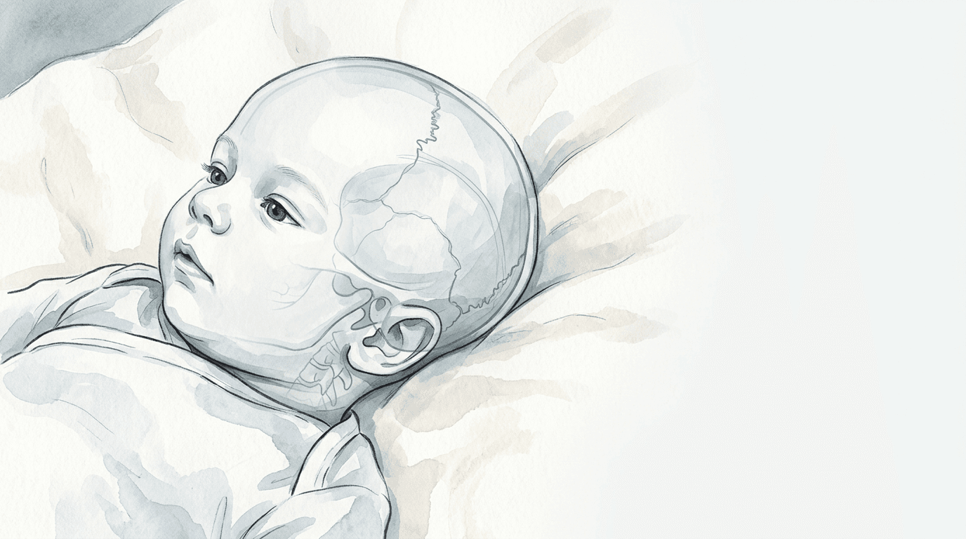 Illustrazione editoriale delicata: plagiocefalia posizionale nel lattante e asimmetria occipito-condilare