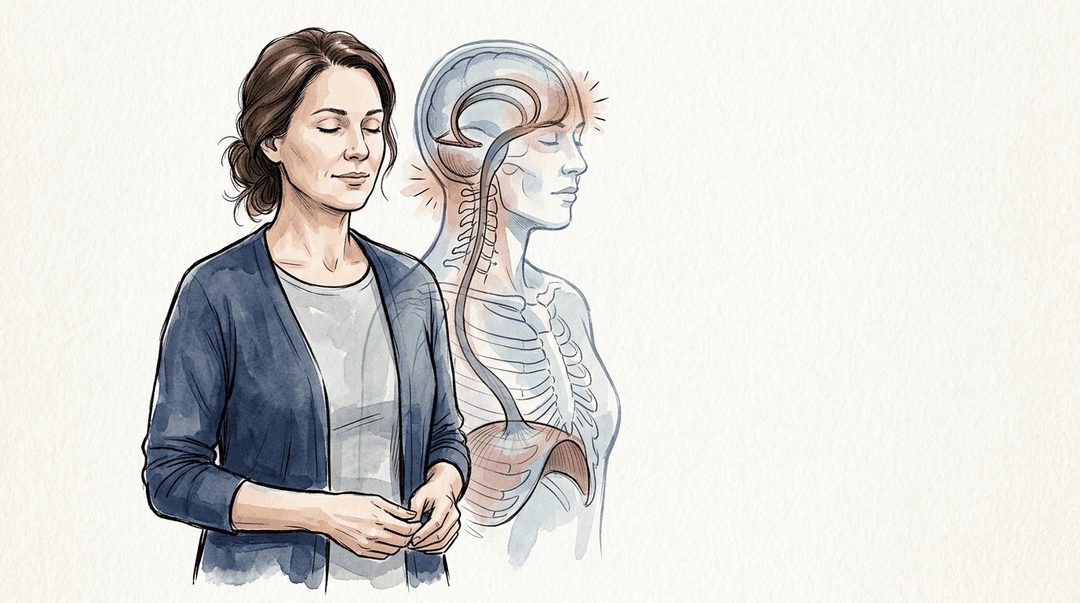 Illustrazione editoriale: cefalea tensiva con coinvolgimento diaframmatico e tensione del tentorio