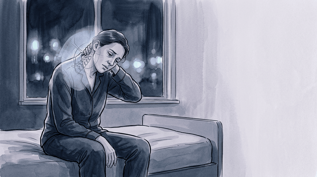 Illustrazione editoriale: esiti cervicali da colpo di frusta, disturbo del sonno e restrizione occipito-atlantea