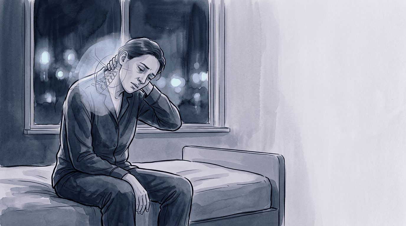 Illustrazione editoriale: esiti cervicali da colpo di frusta, disturbo del sonno e restrizione occipito-atlantea