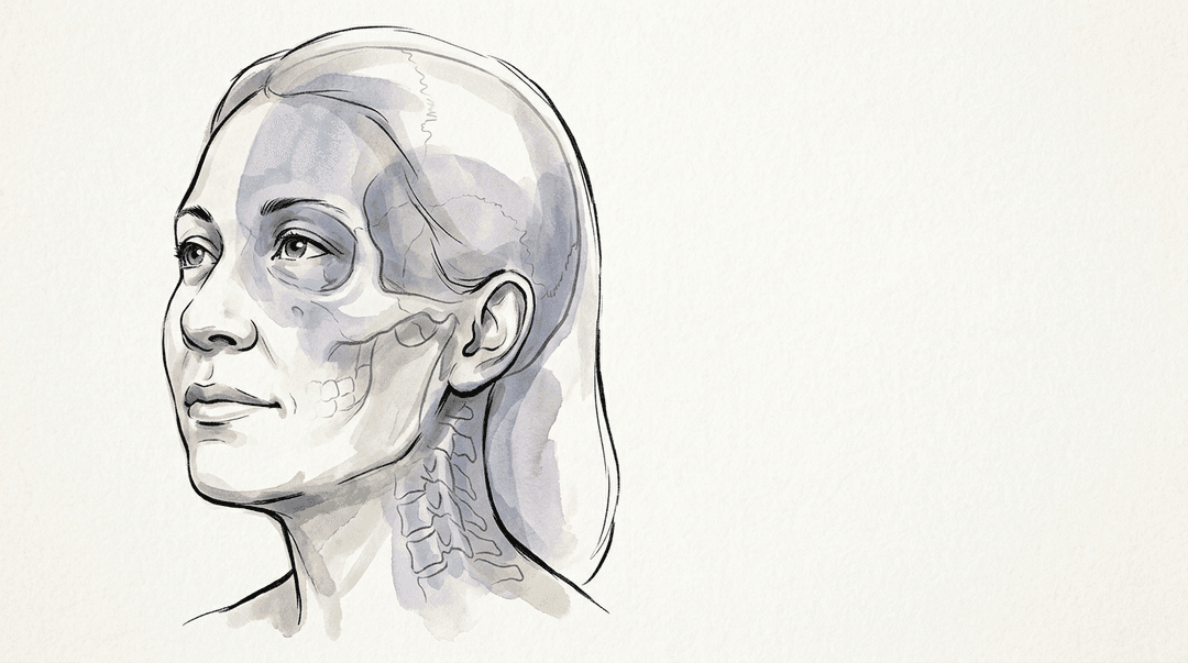 Illustrazione editoriale: disturbi visivi funzionali, tensione sfeno-frontale e disfunzione cranio-cervicale